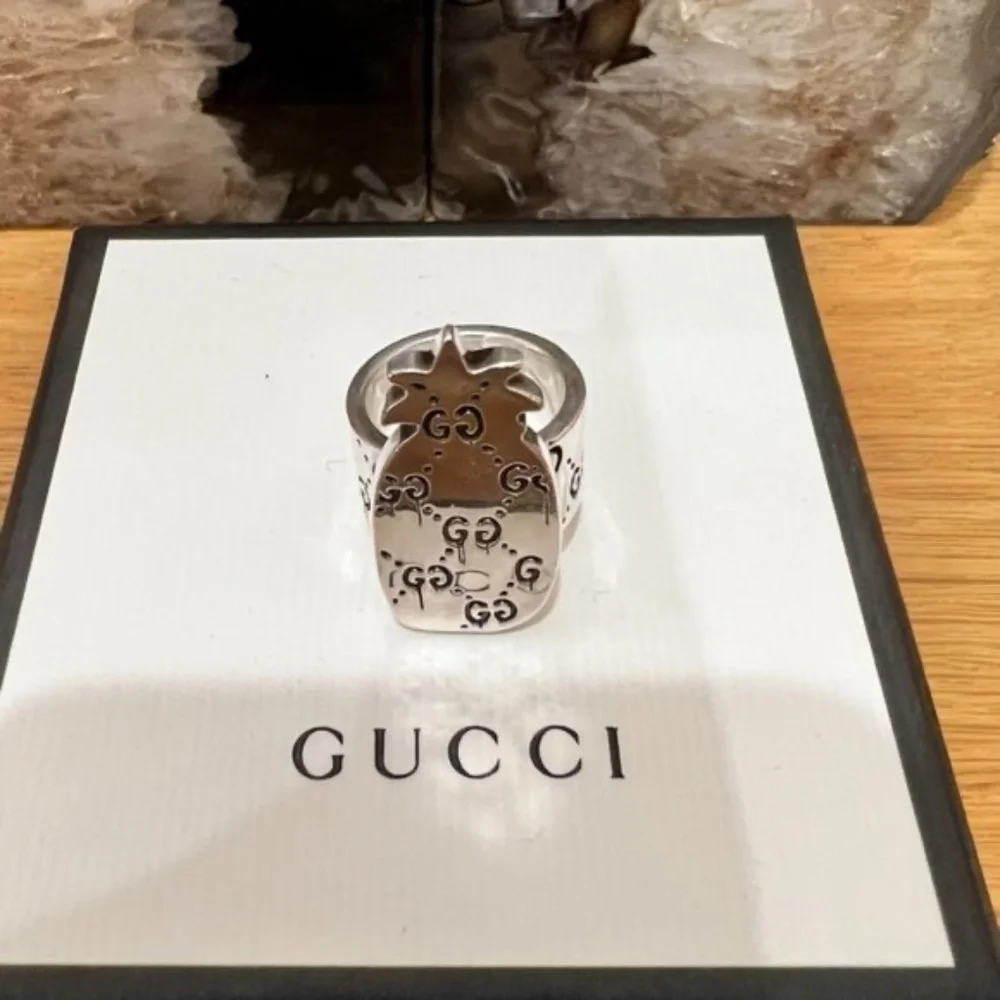 Gucci Ghost 925 Silver GG All Over Logo Pineapple Ring - Size 5.75us - Picture 12 of 16